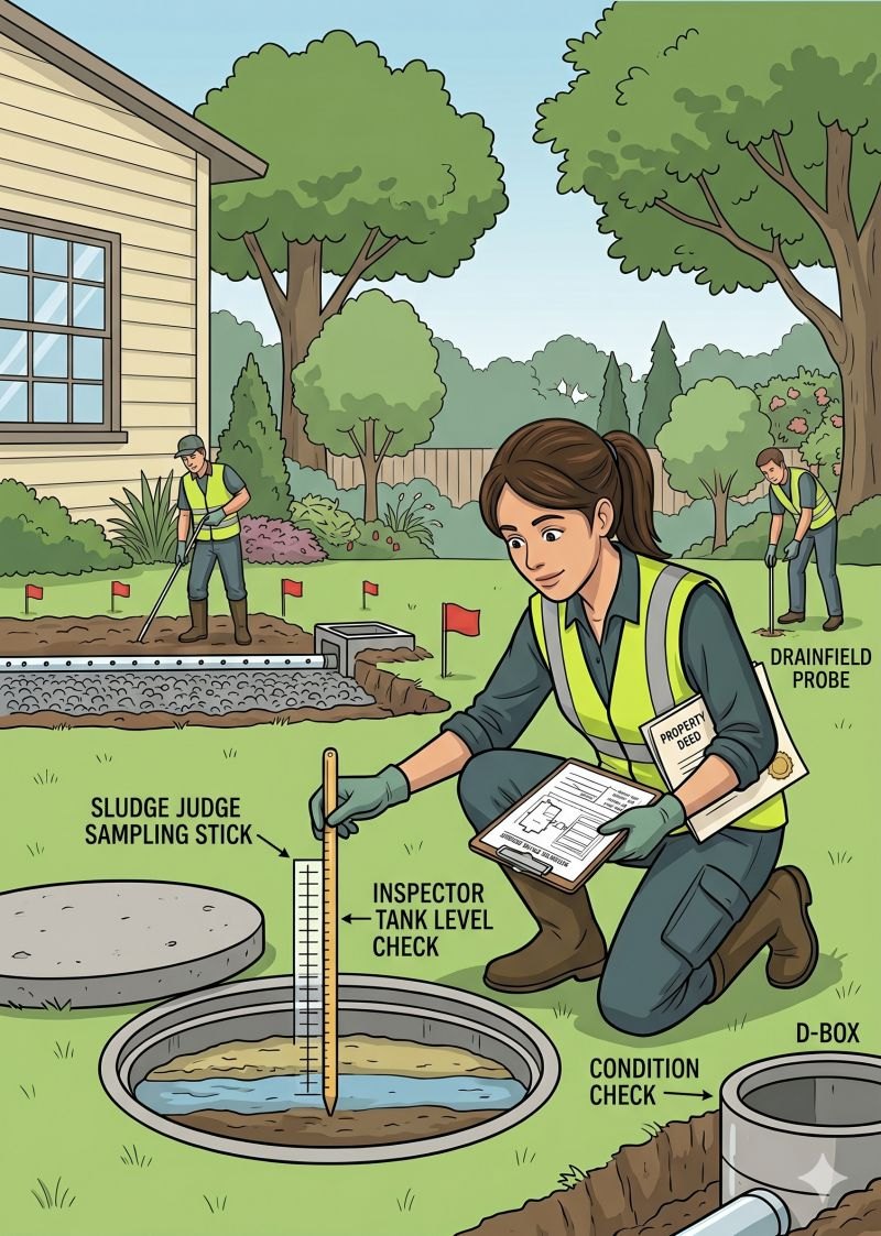 A septic inspector checking tank levels and drainfield condition