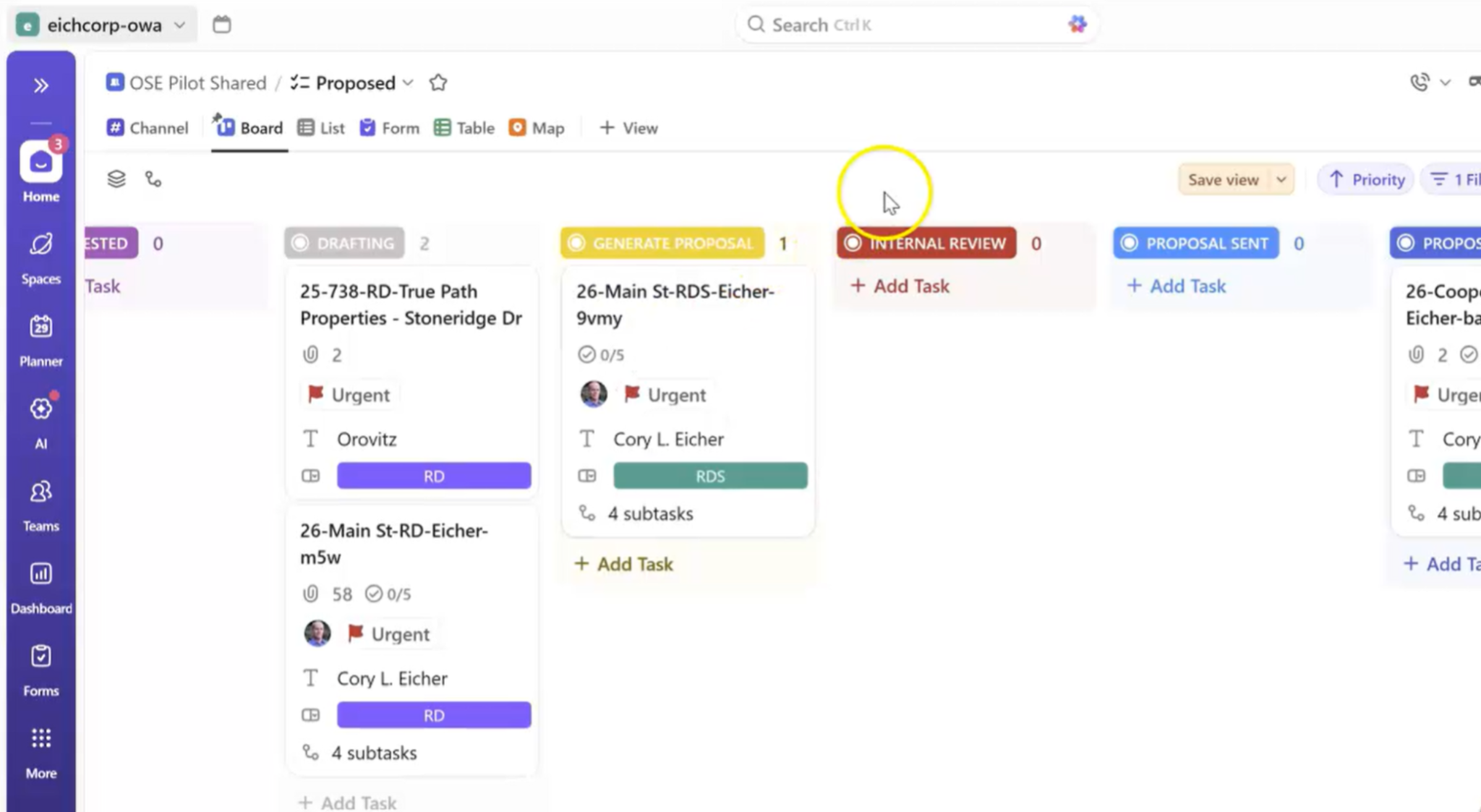 An Eichcorp OWA project board tracking proposals through drafting, review, and send